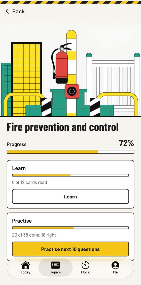 CSCS app: Fire prevention and control topic page with a progress bar