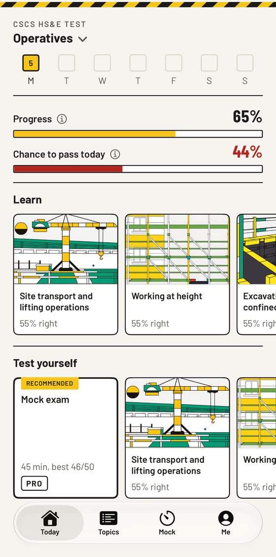 CSCS app: Today screen with illustrated topic cards