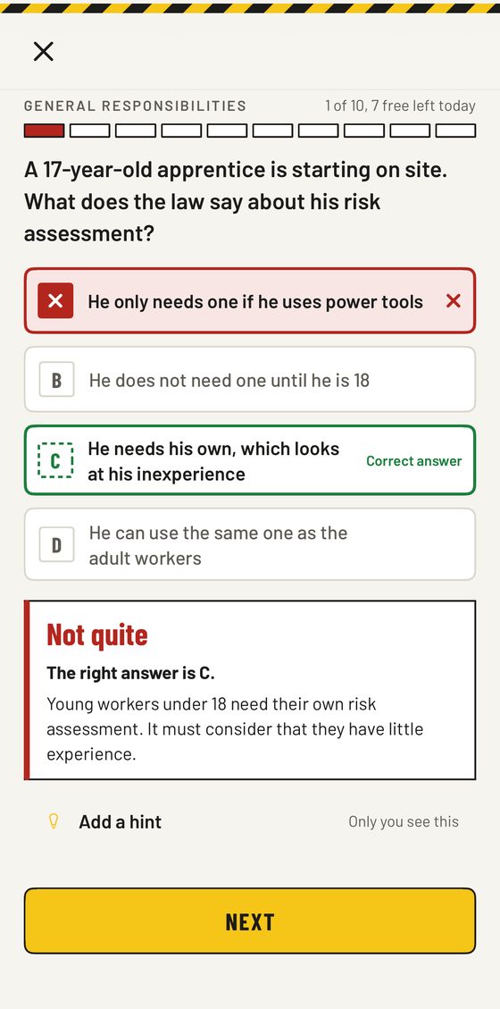 CSCS app: a question about young workers with the answer explained