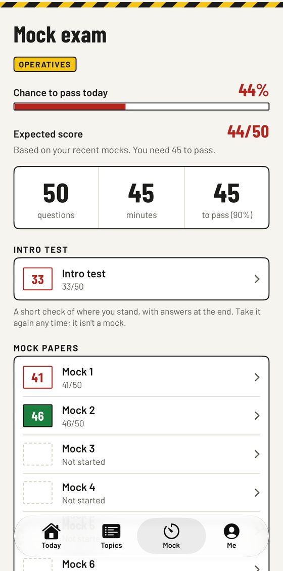 CSCS app: mock exam screen with expected score