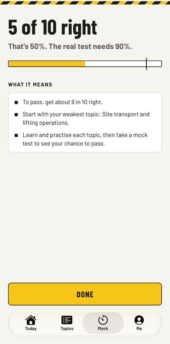 CSCS app: quick check result suggesting the weakest topic