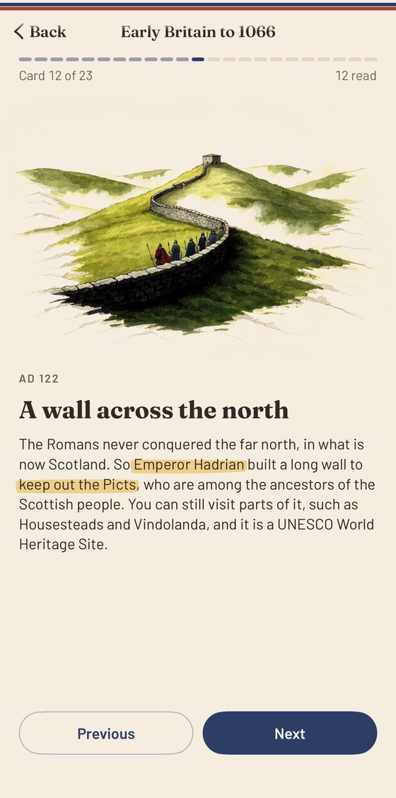 Life in the UK app: study card about Hadrian's Wall