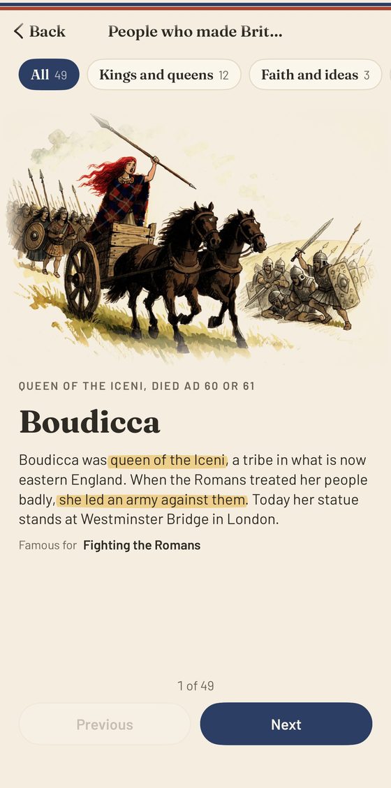 Life in the UK app: card about Boudicca