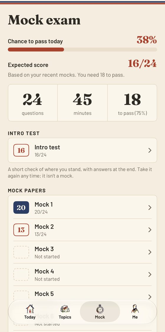 Life in the UK app: mock exam screen with chance to pass