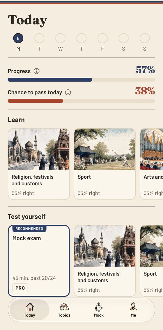 Life in the UK app: Today screen with progress and pictures